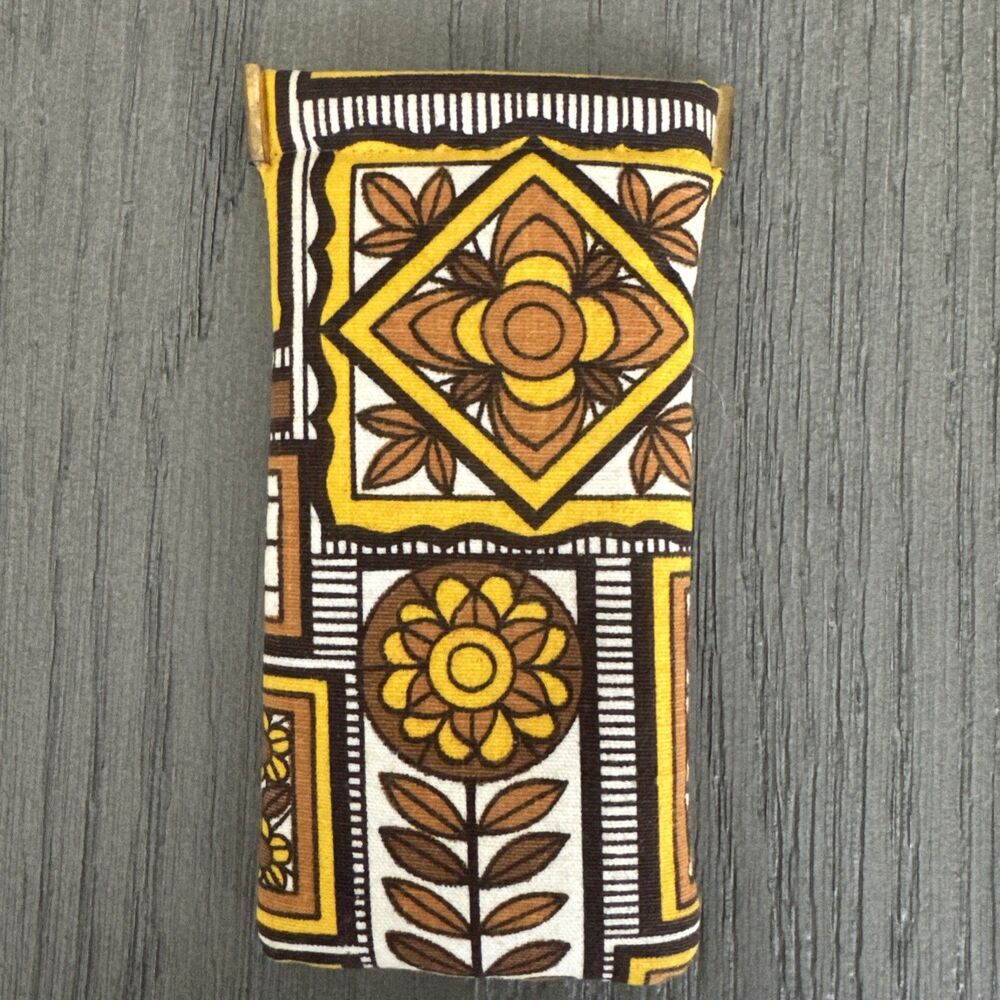 Vintage Rosanne Fabric Eyeglass Case Mod Floral Mustard Brown 1970s Snap Case